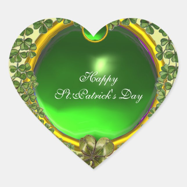 ST.PATRICK'S DAY GREEN EMERALD GEM SHAMROCK HEART STICKER (Front)