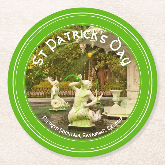 St Patrick's Day Green Forsyth Fountain Photo Round Paper Coaster (Front)