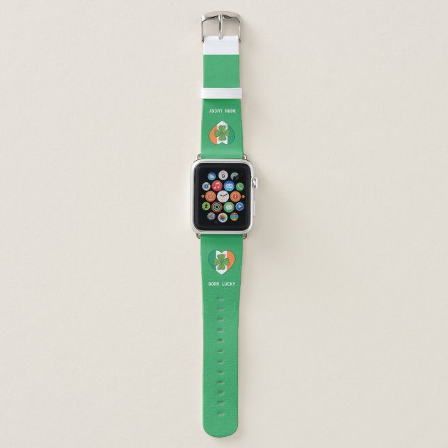 St Patricks Day Green Four Leaf Clover Born Lucky  Apple Watch Band (Front)