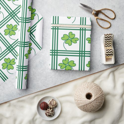 St Patricks Day Green Four Leaf Clover Pattern Wrapping Paper