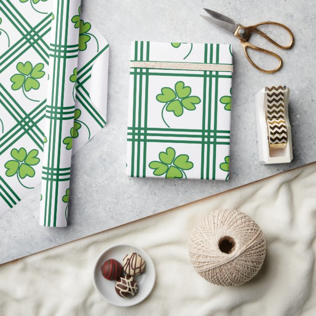 St Patricks Day Green Four Leaf Clover Pattern Wrapping Paper (Crafts)