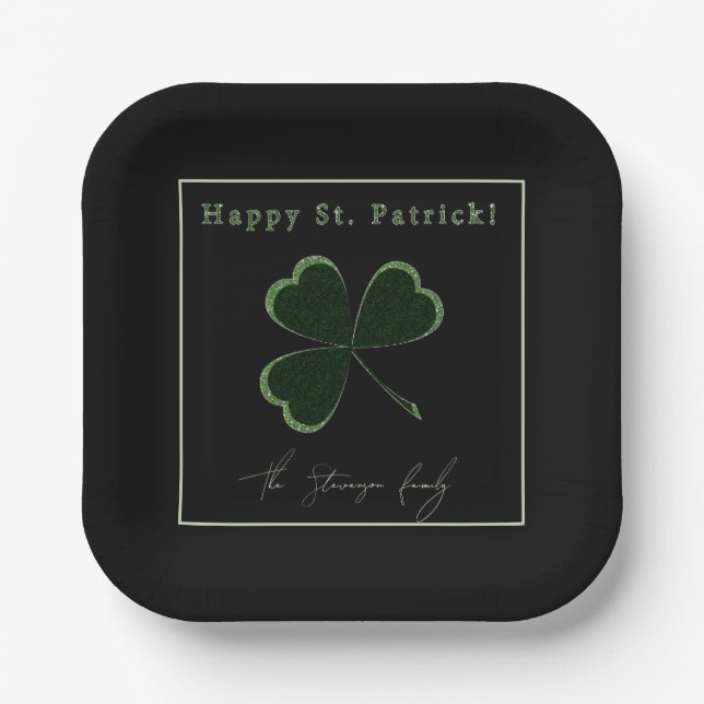 St. Patrick's Day, green glitter clover   Paper Plates (Front)