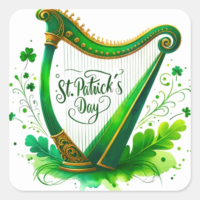 St Patricks Day Green Harp Illustration Square Sticker (Front)