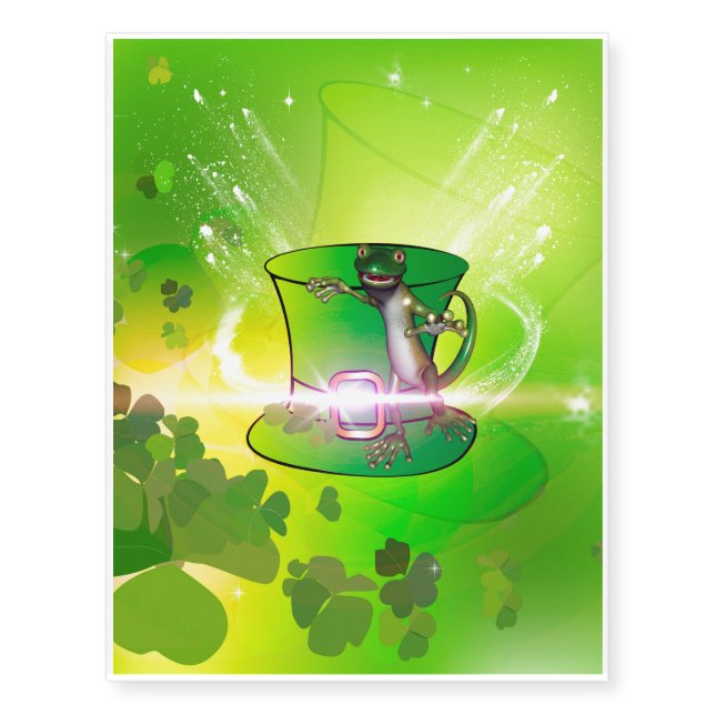 St. Patrick's Day, green hat and gecko Temporary Tattoos (Front)