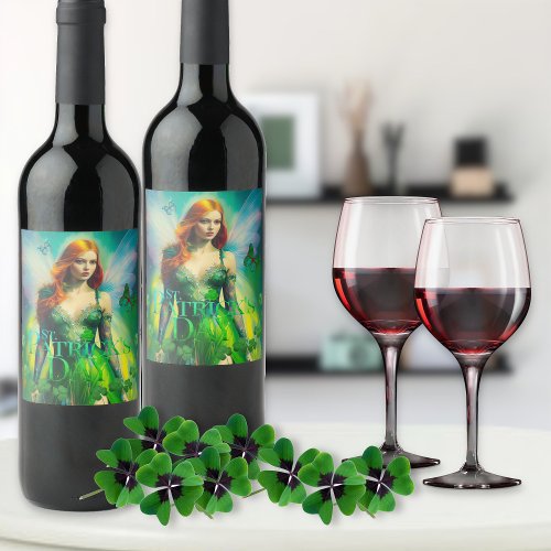 St Patricks Day Green Irish Fairy 3 Leaf Clover Wine Label