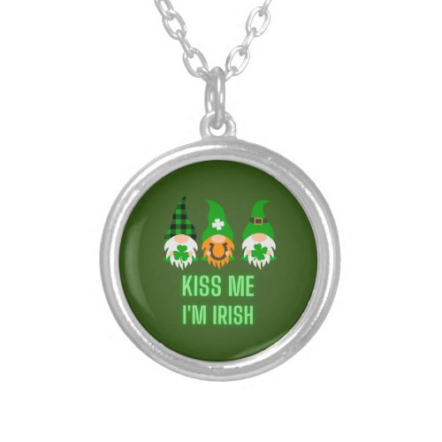 St Patricks Day Green Kiss Me Im Irish Gnomes  Silver Plated Necklace
