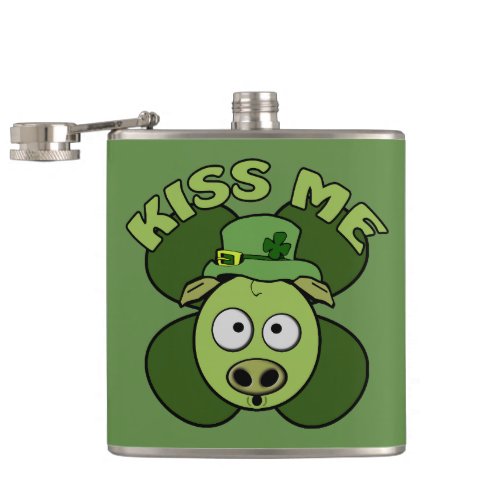 St Patricks Day Green Kiss Me Pig Flask - Funny and cute St. Patrick's Day green leprechaun pig design for Saint Paddys Day