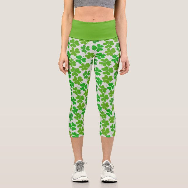 St Patrick's Day green lucky Shamrocks Capri Leggings (Front)