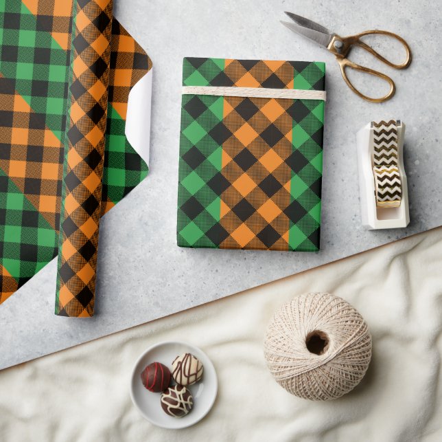 St. Patrick's Day Green Orange Plaid Pattern Wrapping Paper (Crafts)