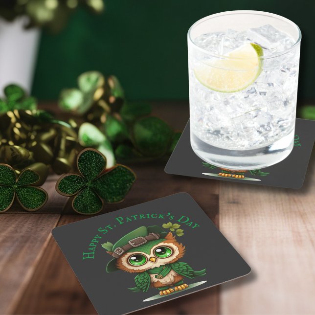 St. Patrick's Day Green Owl personalized  Square Paper Coaster (St. Patrick's Day Green Owl personalized Square Paper Coaster)