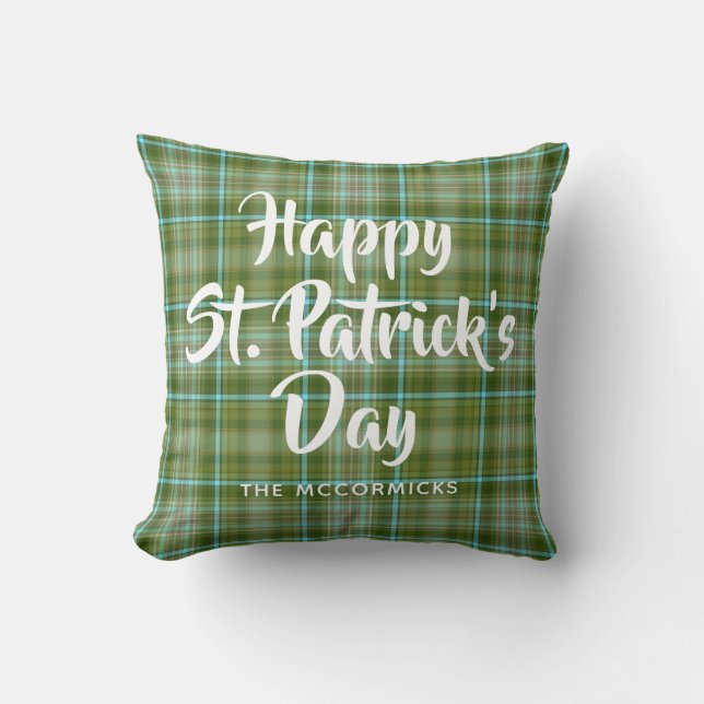 St Patricks Day Green Plaid Family Personalized Throw Pillow (Front)