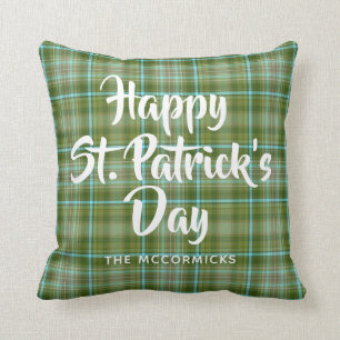 St Patricks Day Green Plaid Family Personalized Throw Pillow