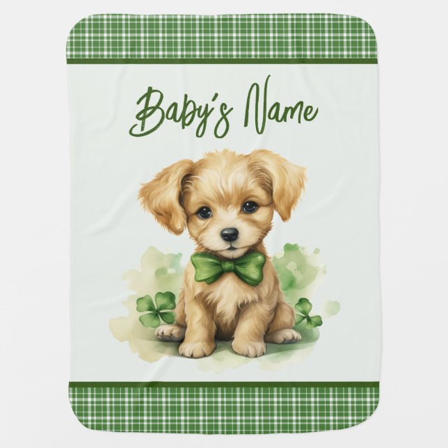 St. Patrick's Day Green Plaid Puppy Baby Blanket (Front)