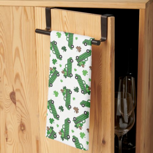 St Patricks Day Green Plaid Truck Clover Leaf  Kitchen Towel