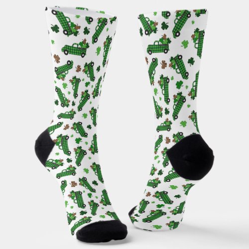 St Patricks Day Green Plaid Truck Clover Leaf  Socks