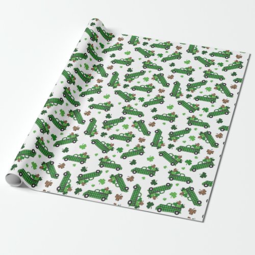 St Patricks Day Green Plaid Truck Clover Leaf  Wrapping Paper