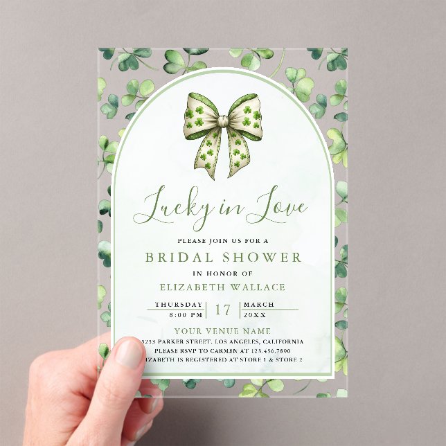 St Patrick's Day Green Shamrock Bow Bridal Shower Acrylic Invitations (Insitu (Handheld))