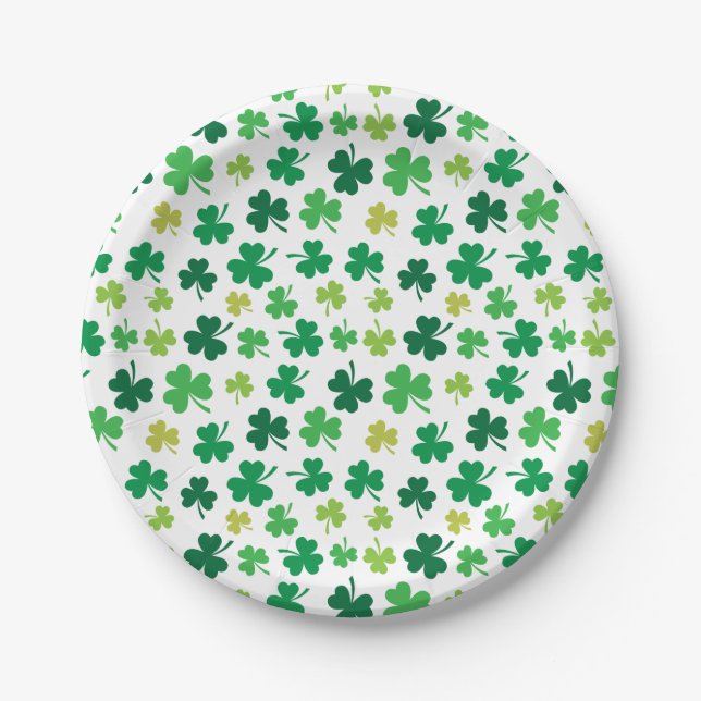 St Patricks Day Green Shamrock Clover Pattern Paper Plates (Front)