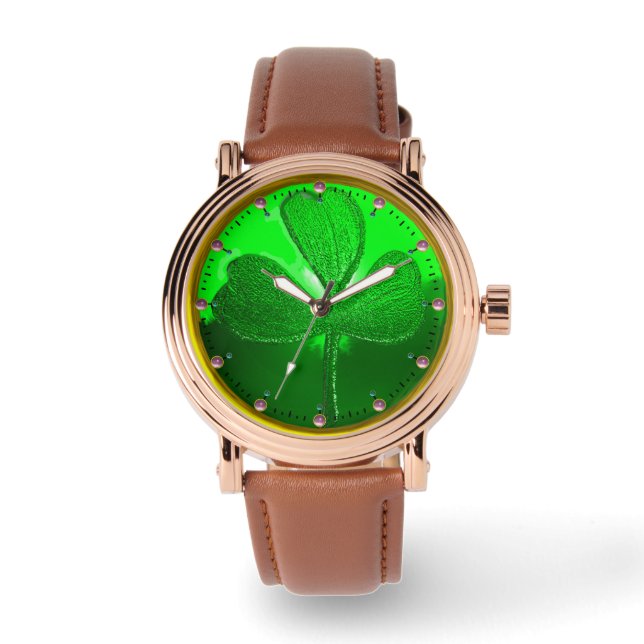 ST PATRICK'S DAY GREEN SHAMROCK GEMSTONE JEWEL WATCH (Front)