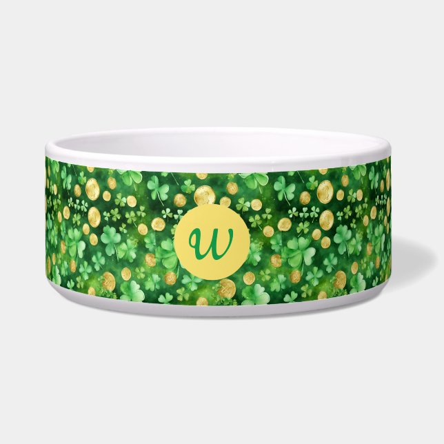 St Patrick's Day Green Shamrock Gold Coin Pet Bowl (Front)