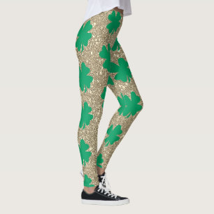 St Patrick's Day Green Shamrock Leaf Gold Glitter  Leggings