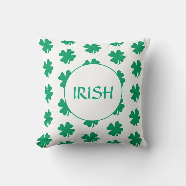 St Patrick's Day Green Shamrock Leaf Pattern Irish Throw Pillow (Front)