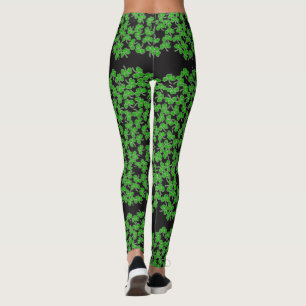 St Patricks Day Green Shamrock Pattern on Black Leggings