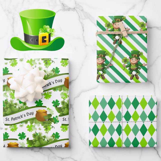 St. Patrick's Day Green Shamrocks Leprechaun Fun 3 Wrapping Paper Sheets (Creator Uploaded)