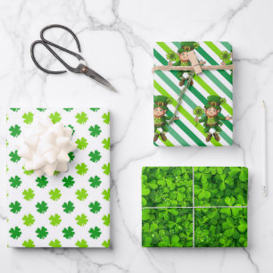 St. Patrick's Day Green Shamrocks Leprechaun Fun 3 Wrapping Paper Sheets