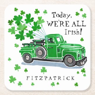 St. Patrick's Day Green Vintage Truck Add Name Square Paper Coaster
