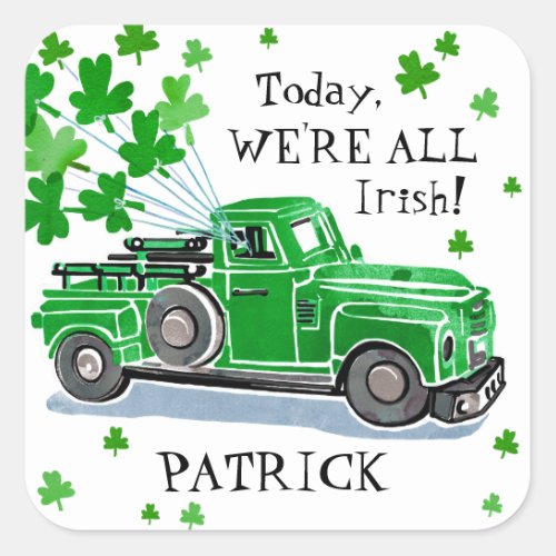 St Patricks Day Green Vintage Truck Add Name Square Sticker