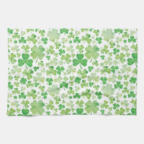 St Patricks Day Green Watercolour Shamrock Pattern Kitchen Towel