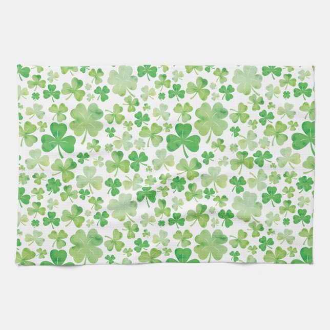 St Patricks Day Green Watercolour Shamrock Pattern Kitchen Towel (Horizontal)