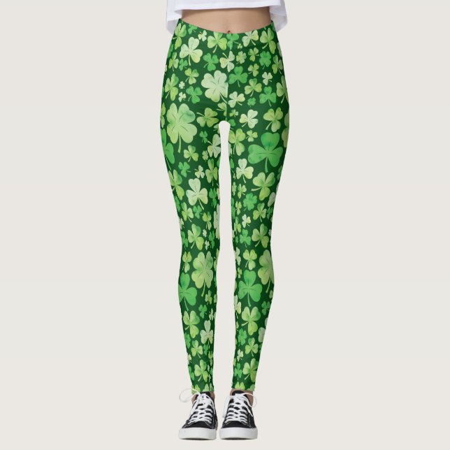 St Patricks Day Green Watercolour Shamrock Pattern Leggings (Front)