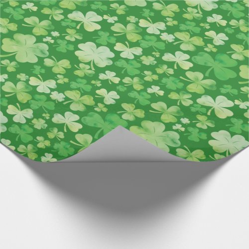 St Patricks Day Green Watercolour Shamrock Pattern Wrapping Paper