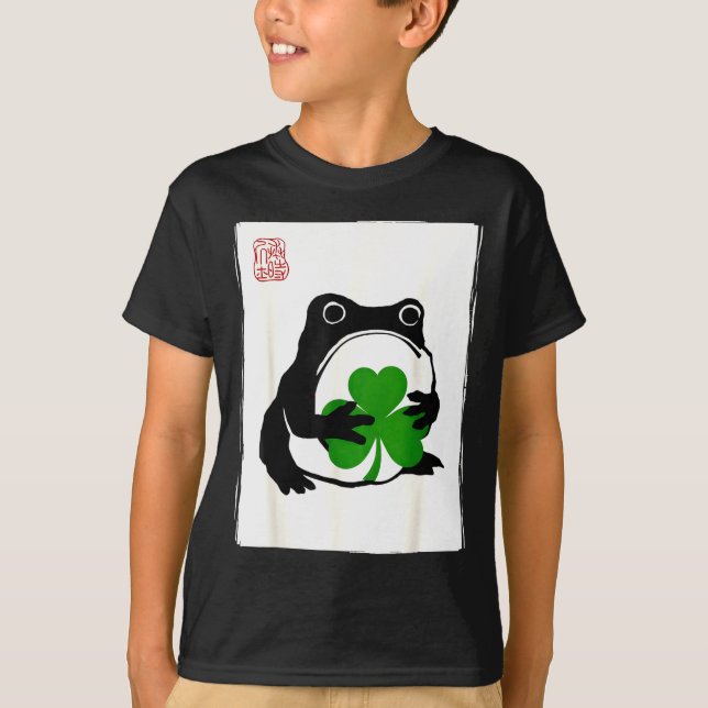 St. patricks day grumpy frog shamrock japanese T-Shirt (Front)