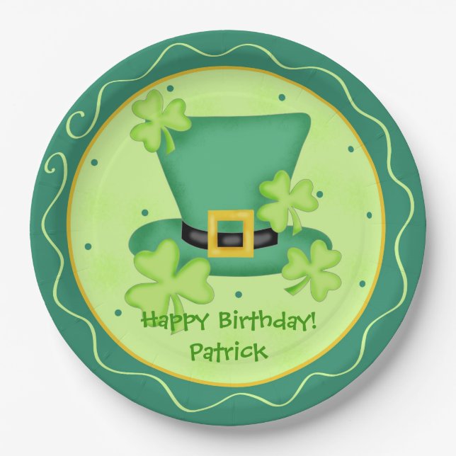 St. Patrick's Day Happy Birthday Name Personalized Paper Plates (Front)