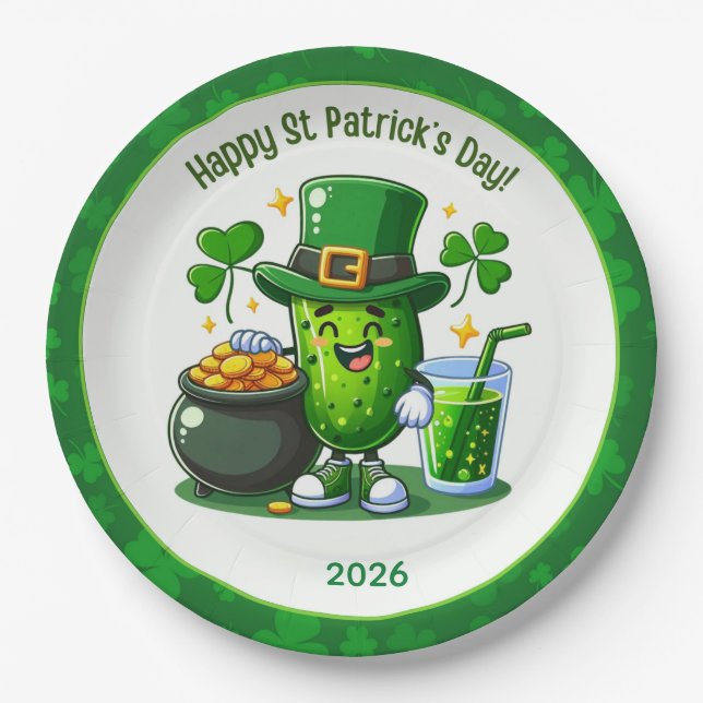 St Patricks Day Happy Pickle Paper Plates (Front)