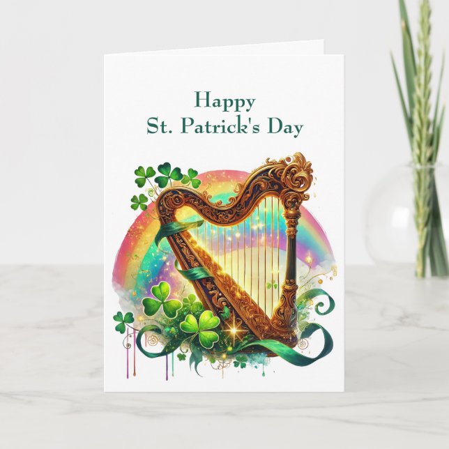 St Patricks Day Harp Illustration Holiday Card (Front)