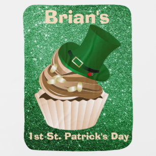 St Patricks Day Hat Cupcake Green Faux Glitter Receiving Blanket