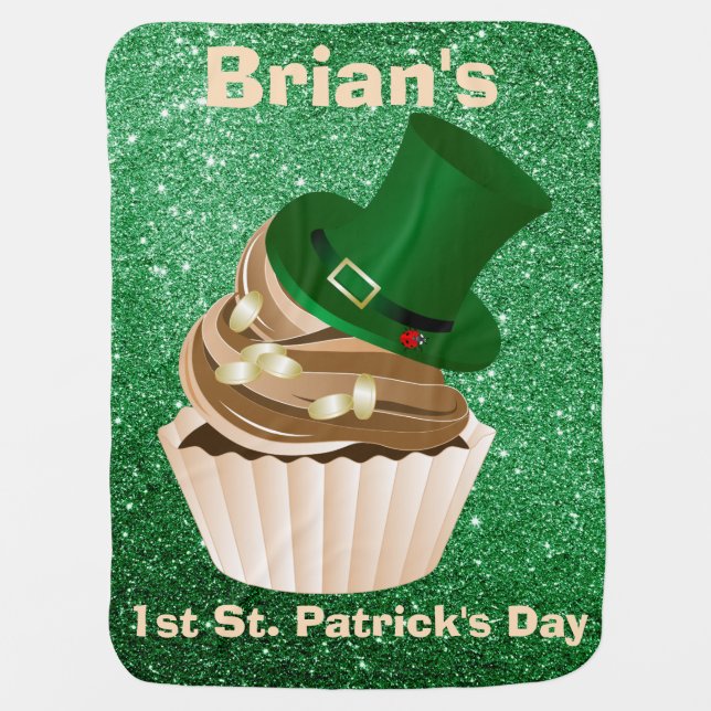 St Patricks Day Hat Cupcake Green Faux Glitter Receiving Blanket (Front)