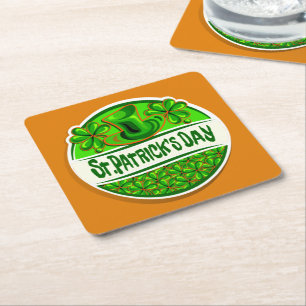 St Patrick's Day Hat Shamrocks Green Orange Square Paper Coaster