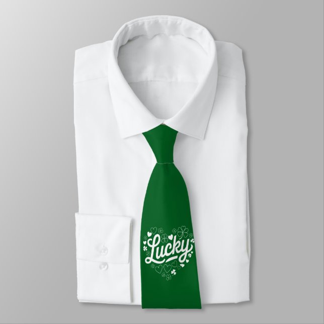 St Patrick's Day Heart Lucky Clover Shamrock  Neck Tie (Tied)