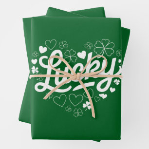 St Patrick's Day Heart Lucky Clover Shamrock Wrapping Paper Sheets