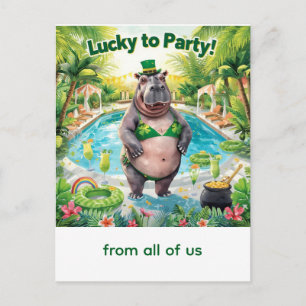 St. Patrick's day hippo pool party Holiday Postcard