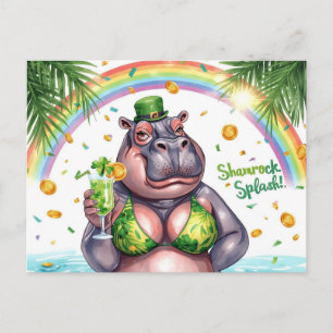 St. Patrick's day hippo pool party Holiday Postcard