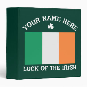 St Patrick's Day Ireland Flag Custom Name Shamrock 3 Ring Binder