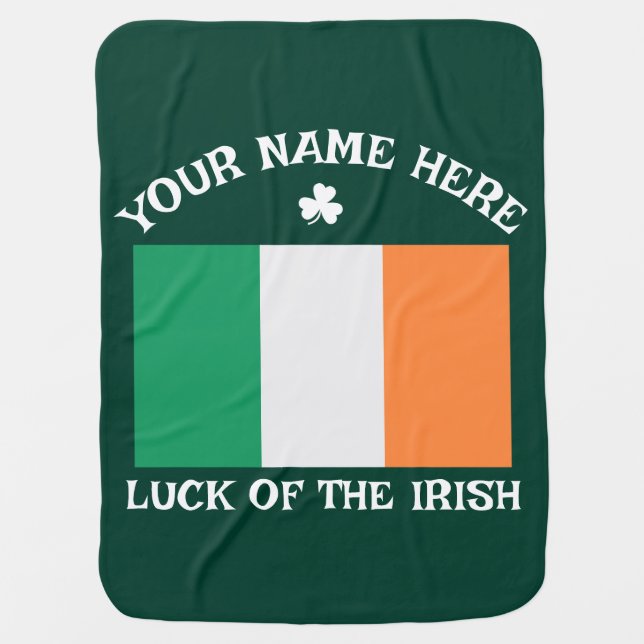 St Patrick's Day Ireland Flag Custom Name Shamrock Baby Blanket (Front)