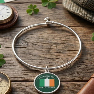 St Patrick's Day Ireland Flag Custom Name Shamrock Bangle Bracelet