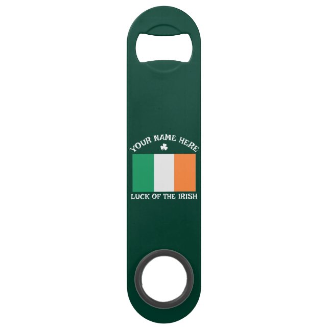 St Patrick's Day Ireland Flag Custom Name Shamrock Bar Key (Front)